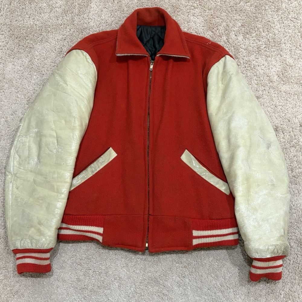 Vintage 1950s Varsity Jacket Mens Large Red Wool Leather Letterman USA 50s Talon